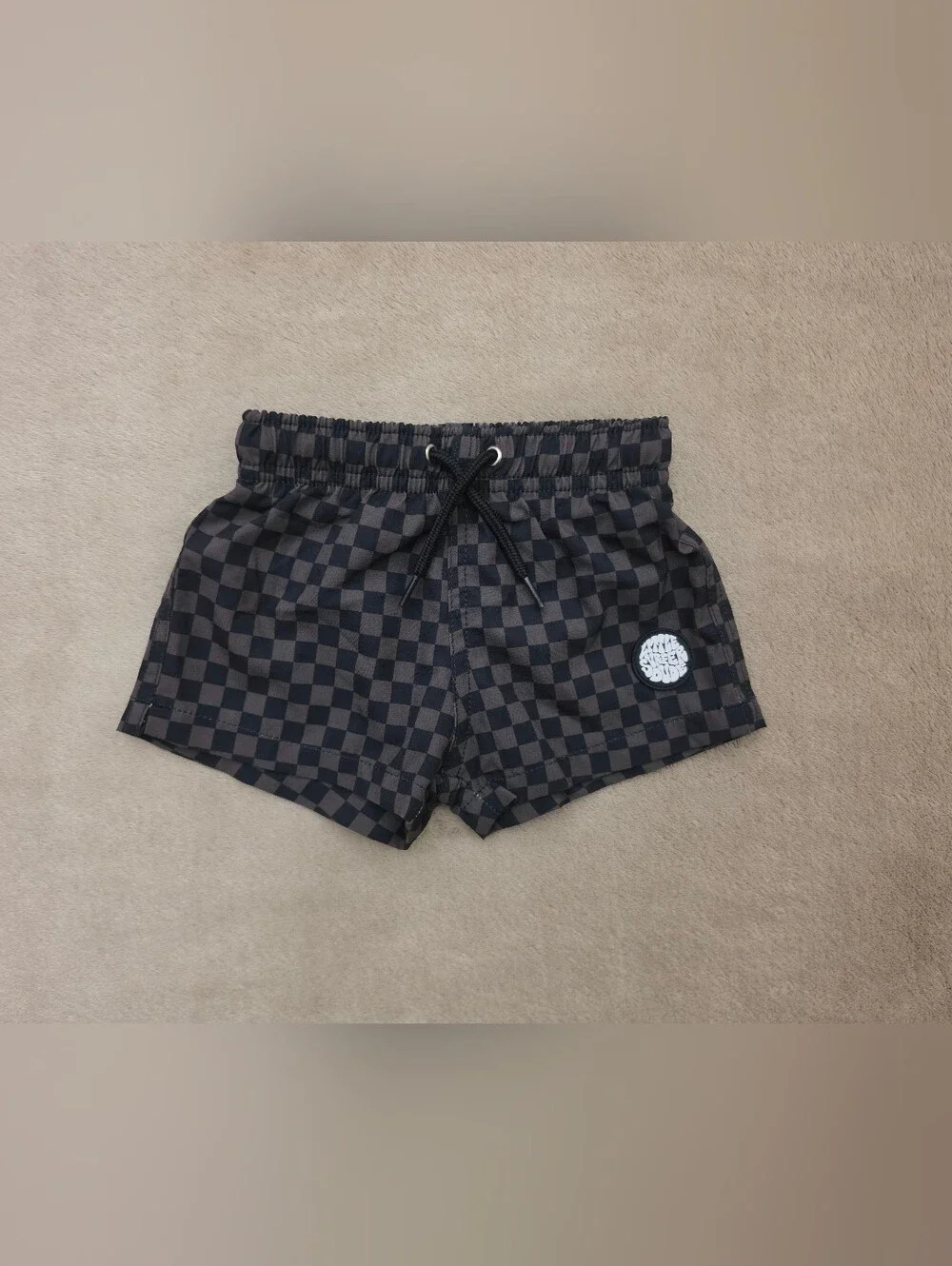 Little Surfer Dude Baby Boy Brown/Black Checkered Swim Trunks Size 6-12 Months